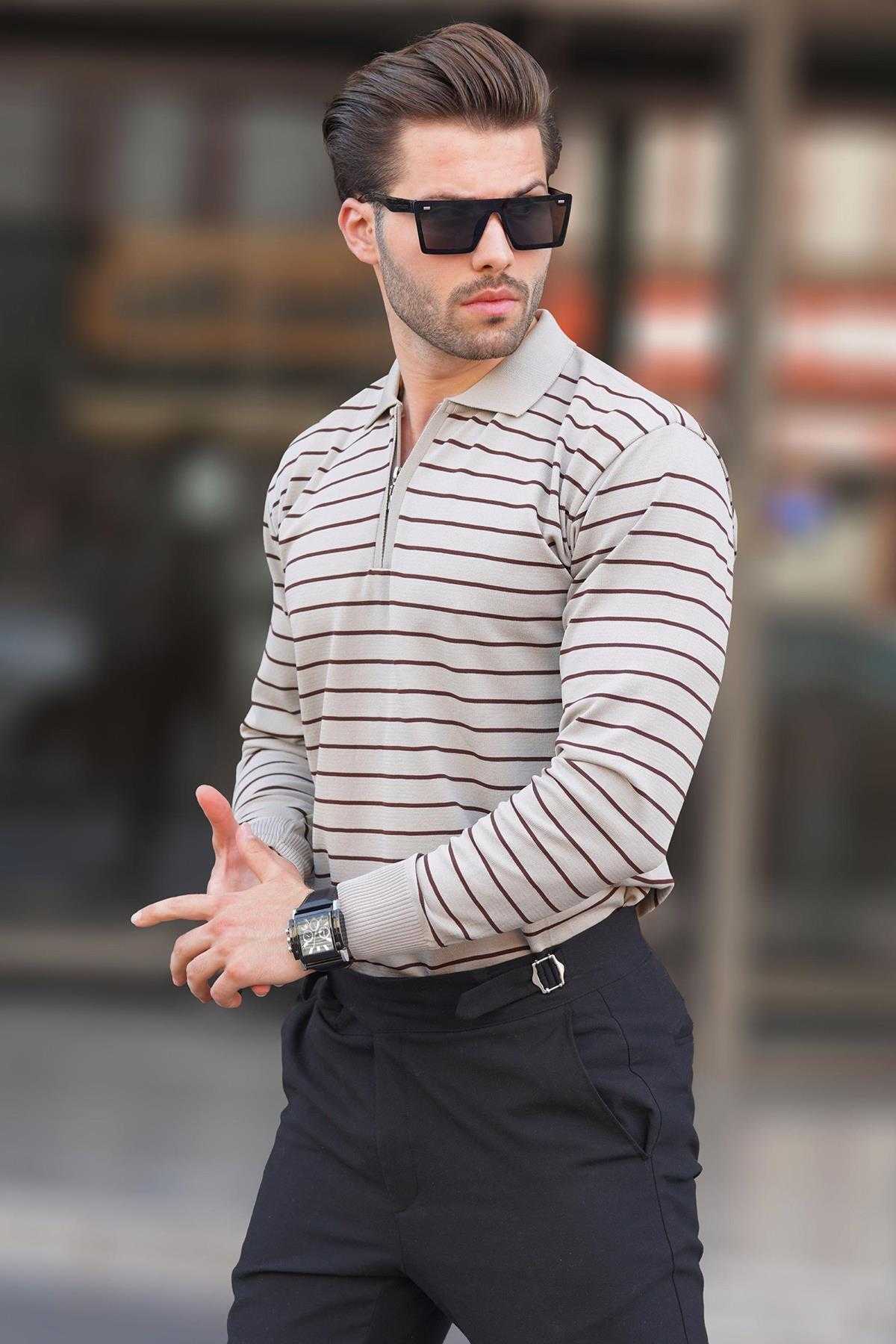 پلیور بافتنی یقه پولو راه راه زیپ دار