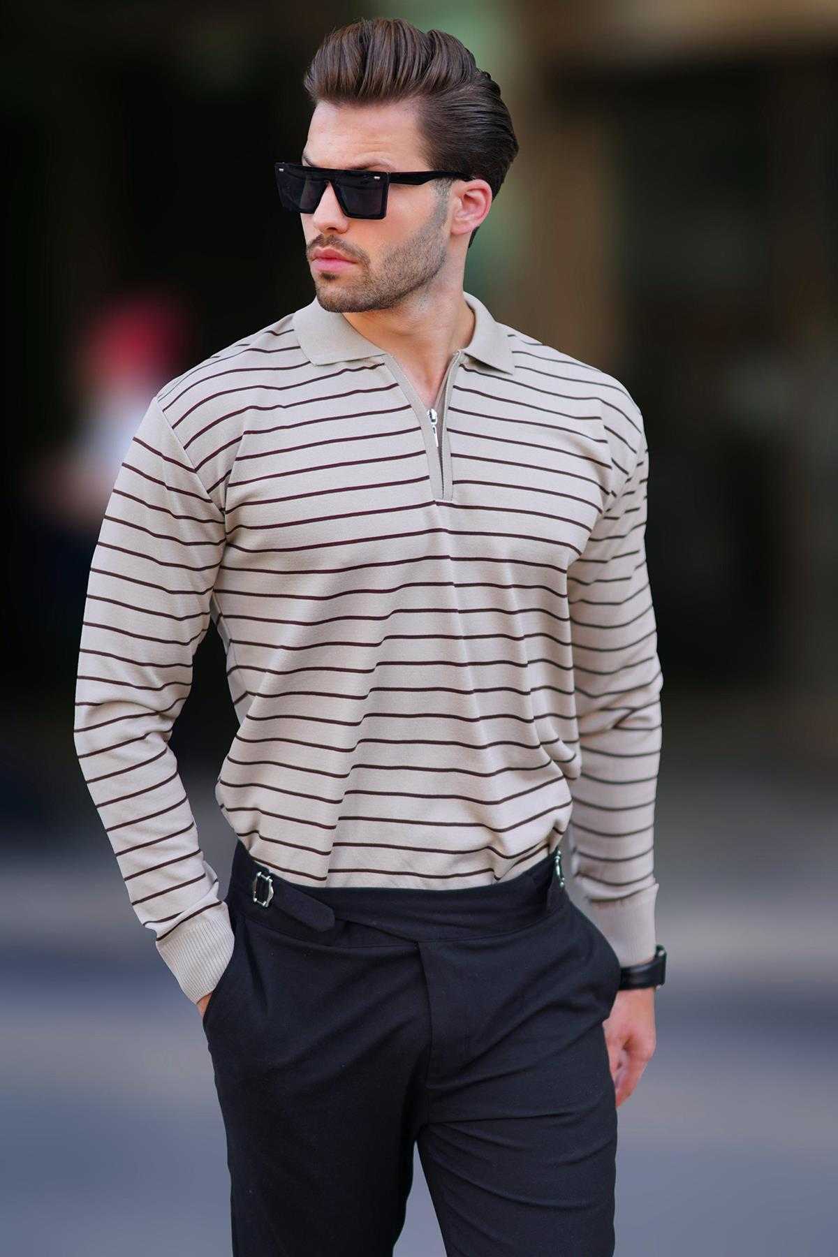 پلیور بافتنی یقه پولو راه راه زیپ دار