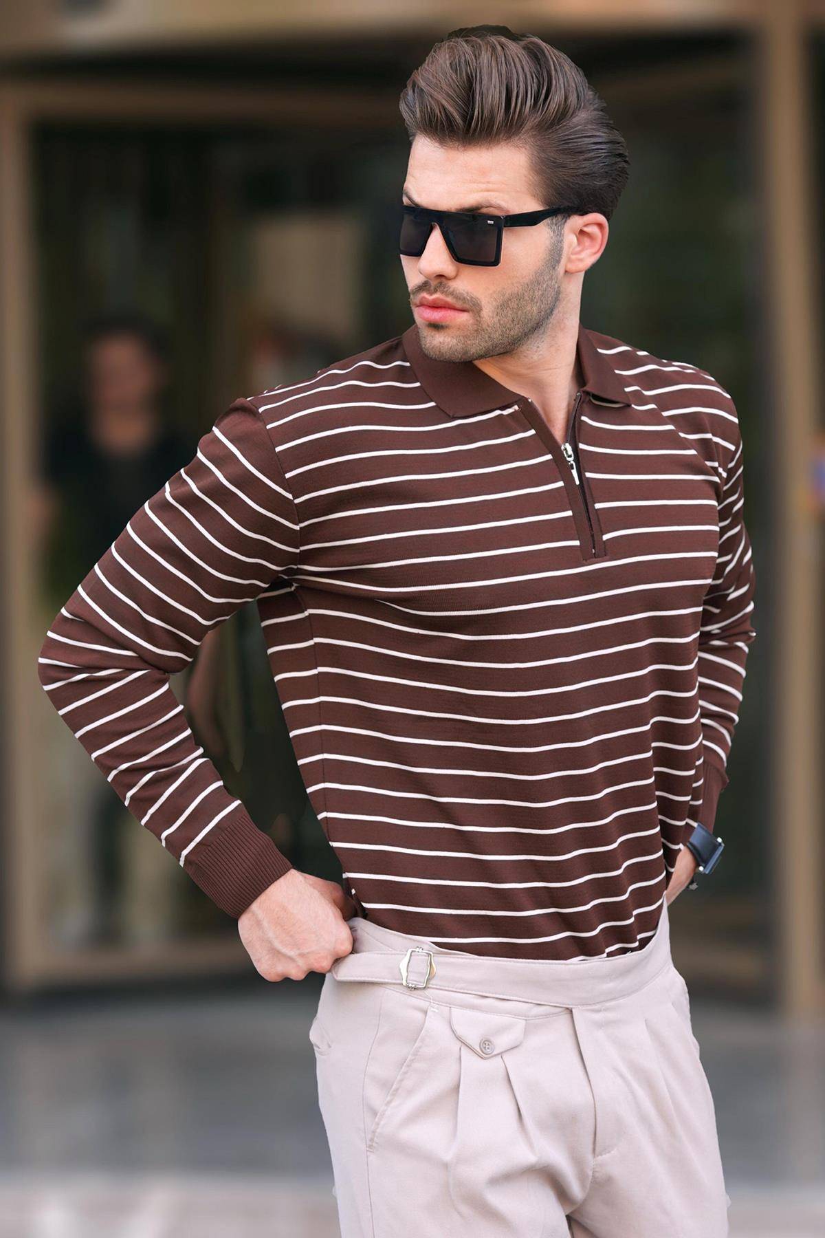 پلیور بافتنی یقه پولو راه راه زیپ دار