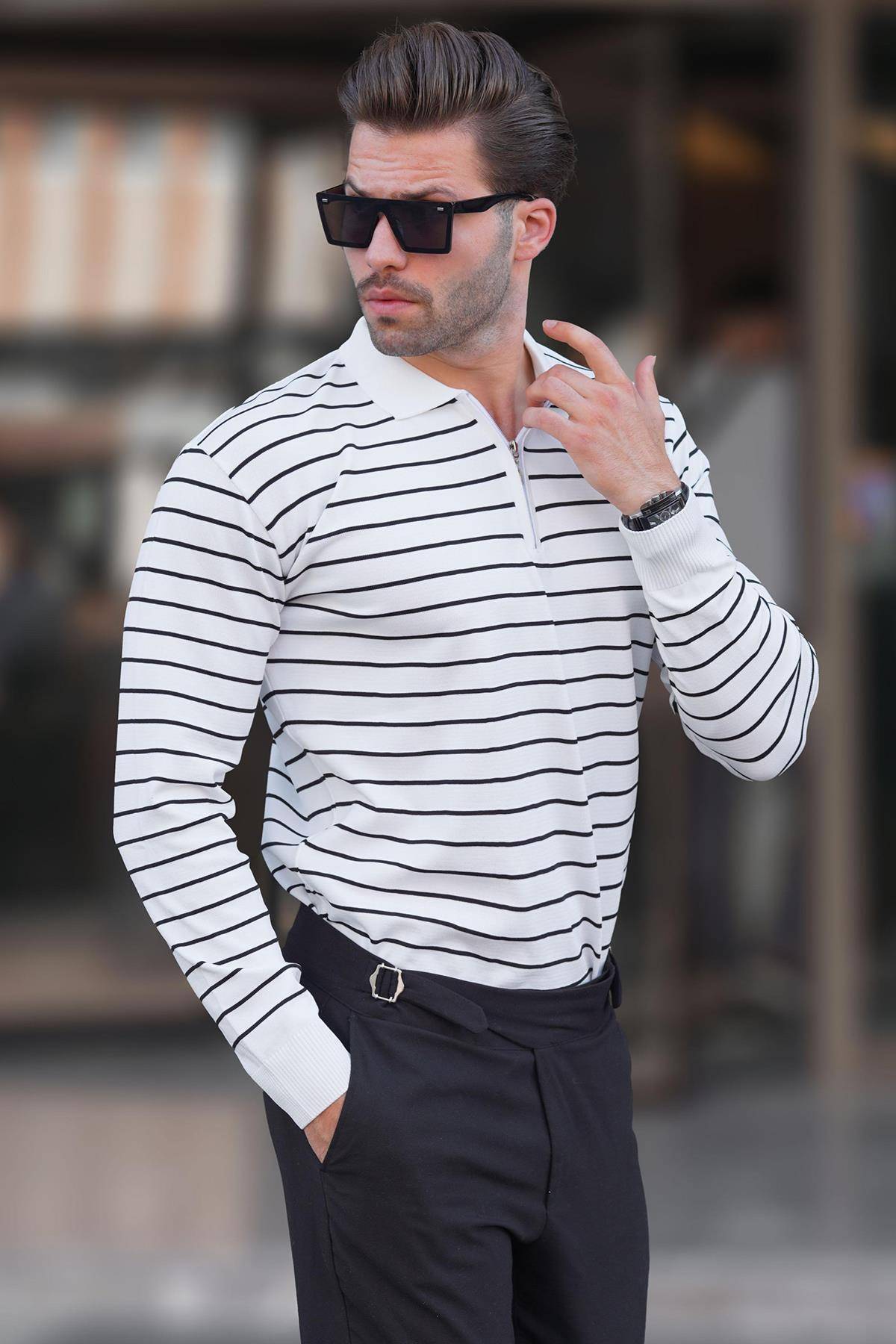 پلیور بافتنی یقه پولو راه راه زیپ دار