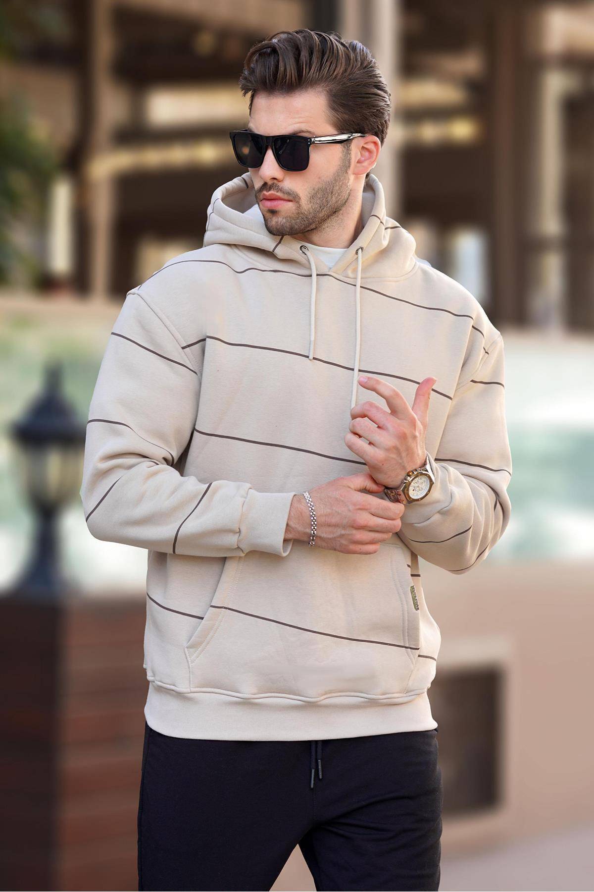 سویشرت مردانه راه راه کلاهدار مشکی با جزئیات جیب