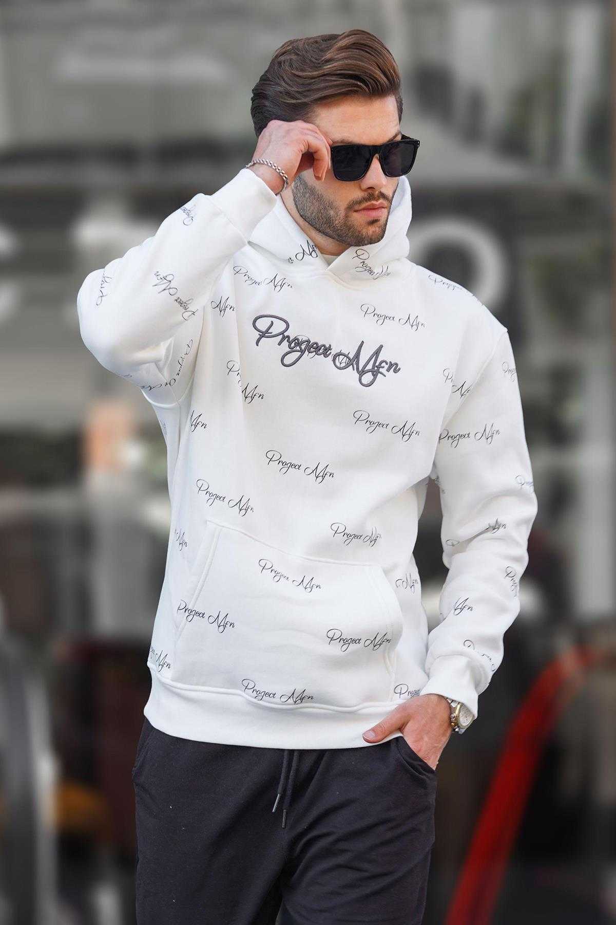 سویشرت مردانه کلاهدار با چاپ خاکستری رنگ شده با جزئیات جیبی