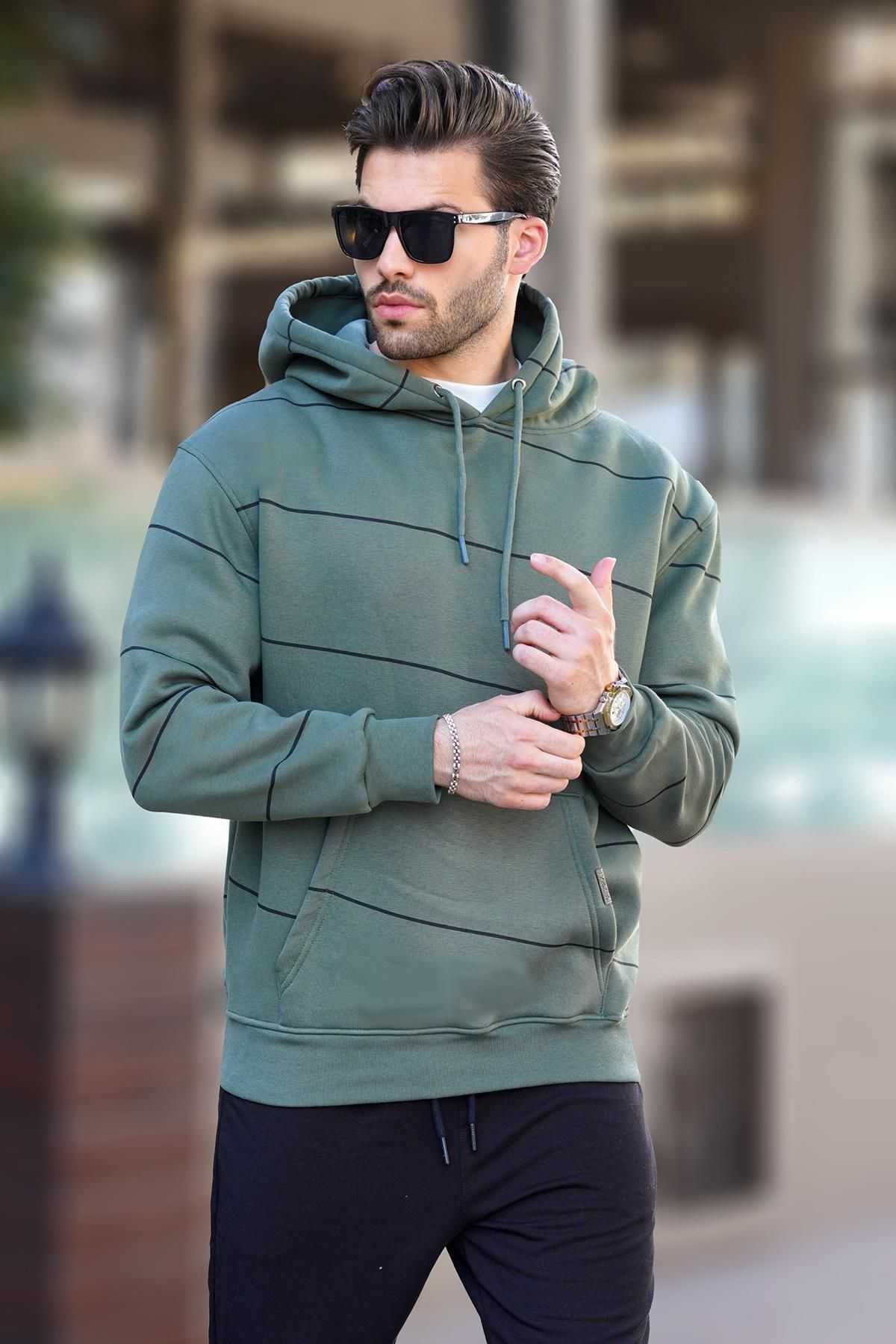 سویشرت مردانه راه راه کلاهدار مشکی با جزئیات جیب