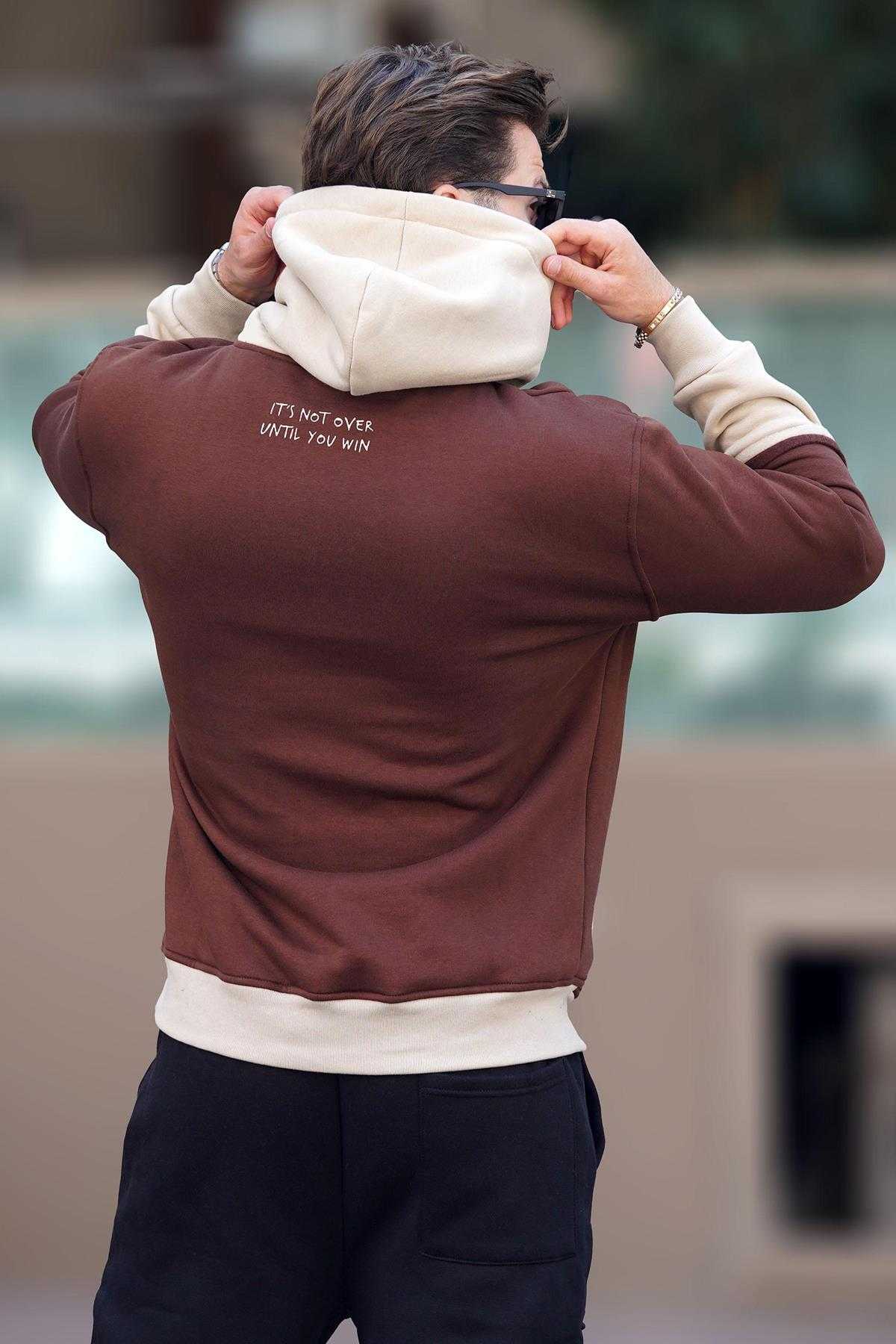 سویشرت مردانه کلاهدار قهوه ای تلخ با جزئیات جیب چاپ شده