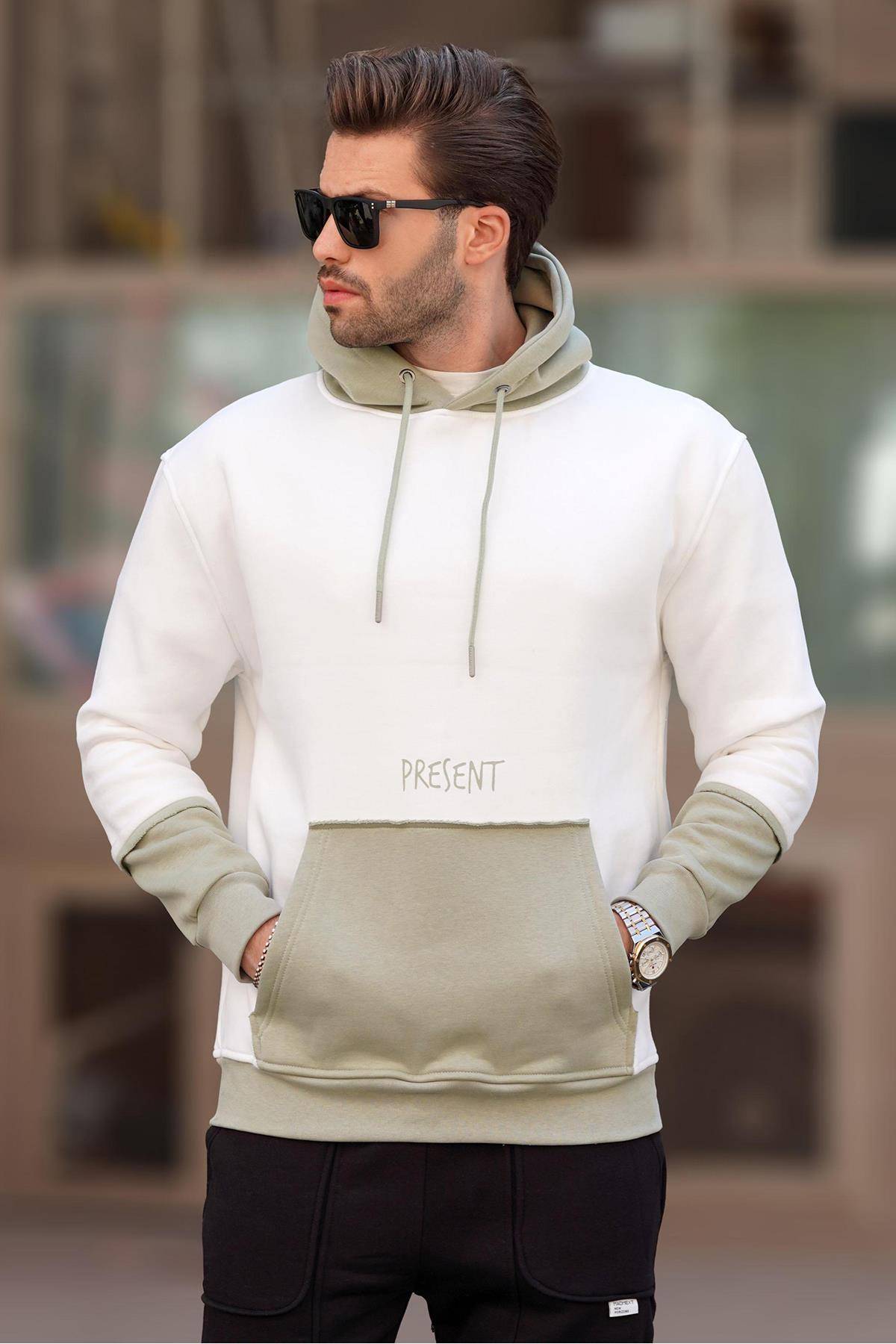 سویشرت مردانه کلاهدار قهوه ای تلخ با جزئیات جیب چاپ شده