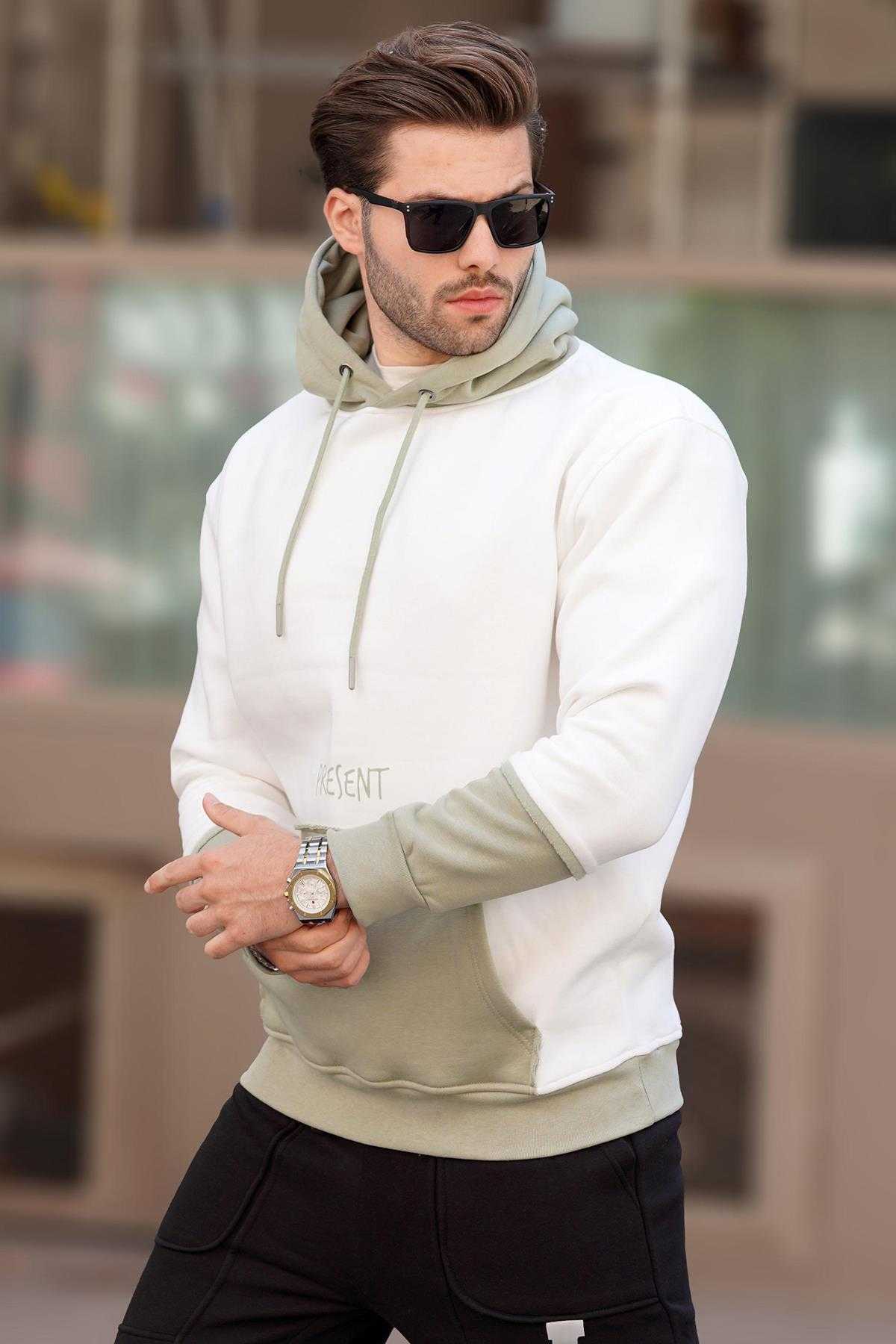 سویشرت مردانه کلاهدار قهوه ای تلخ با جزئیات جیب چاپ شده