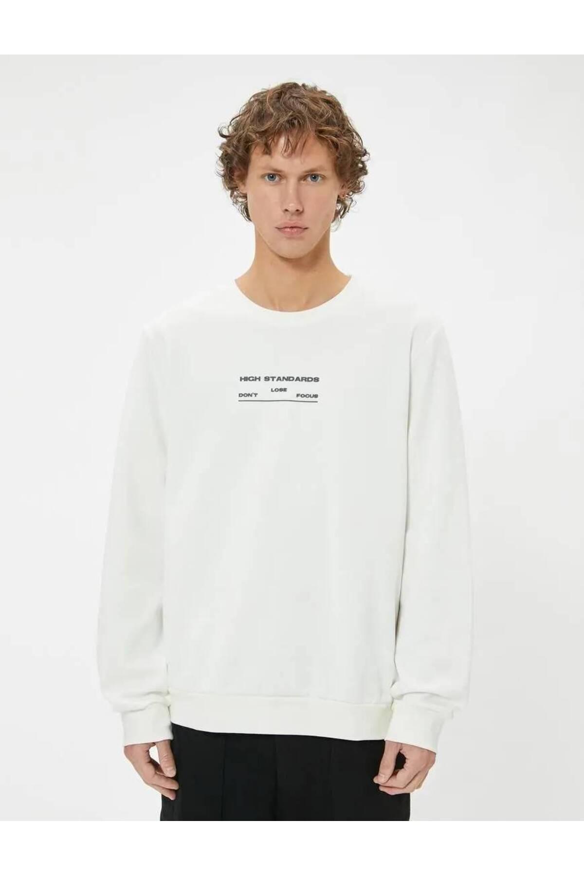 سویشرت چاپی شعار یقه خدمه آستین بلند نخی