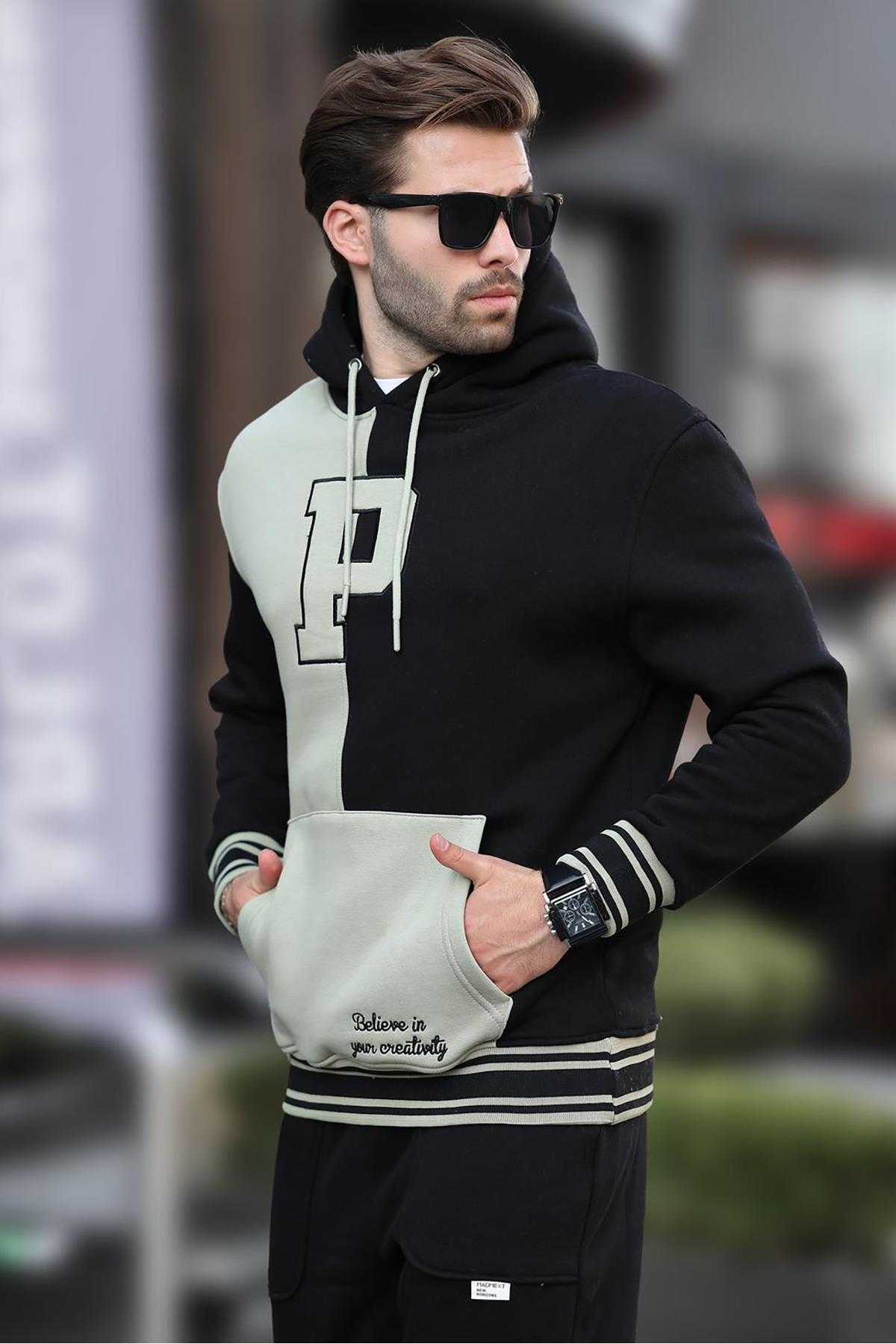 سویشرت مردانه چاپ شده کلاهدار بلوک آنتراسیت