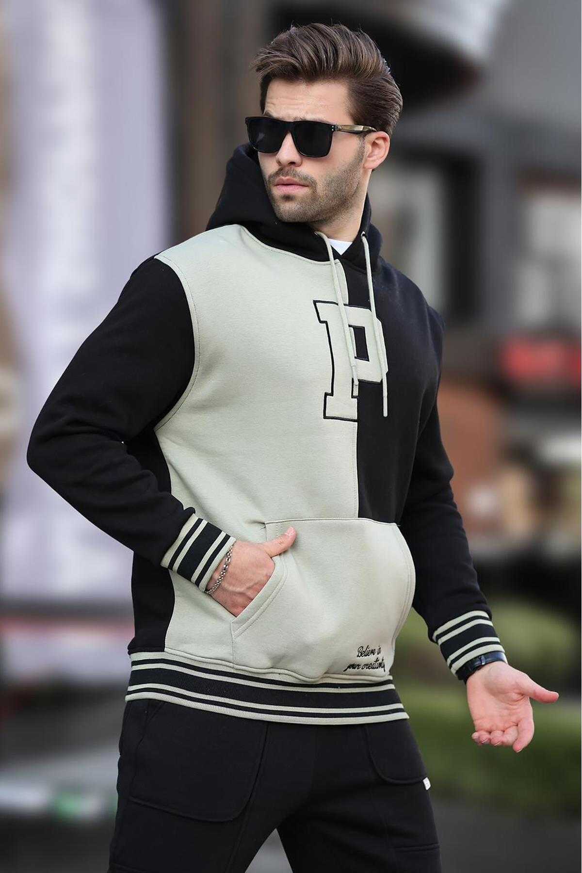 سویشرت مردانه چاپ شده کلاهدار بلوک آنتراسیت