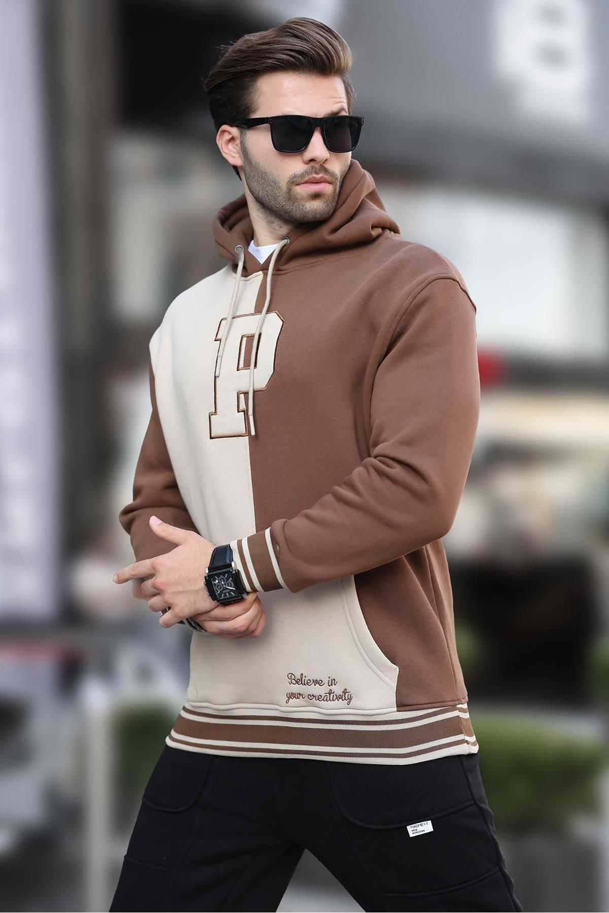 سویشرت مردانه چاپ شده کلاهدار بلوک آنتراسیت