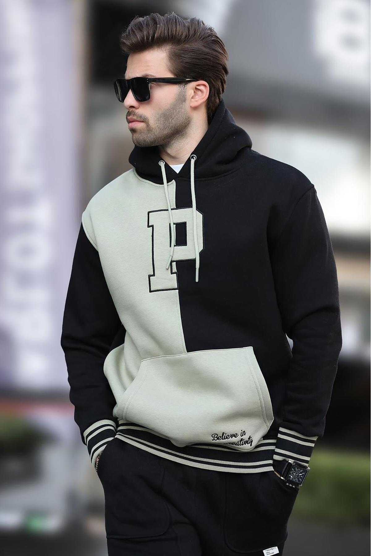 سویشرت مردانه چاپ شده کلاهدار بلوک آنتراسیت