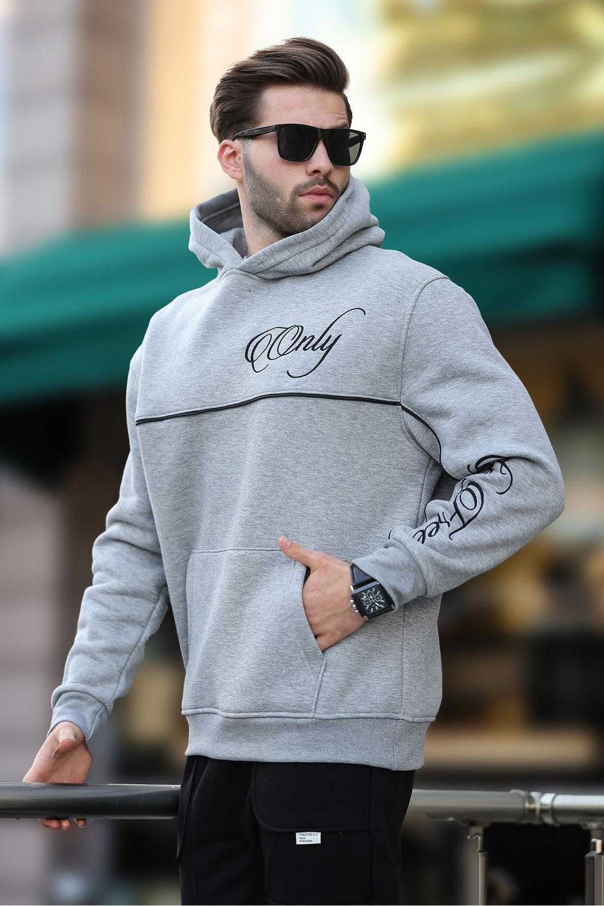 سویشرت مردانه کلاهدار مشکی با چاپ جزئیات راه راه