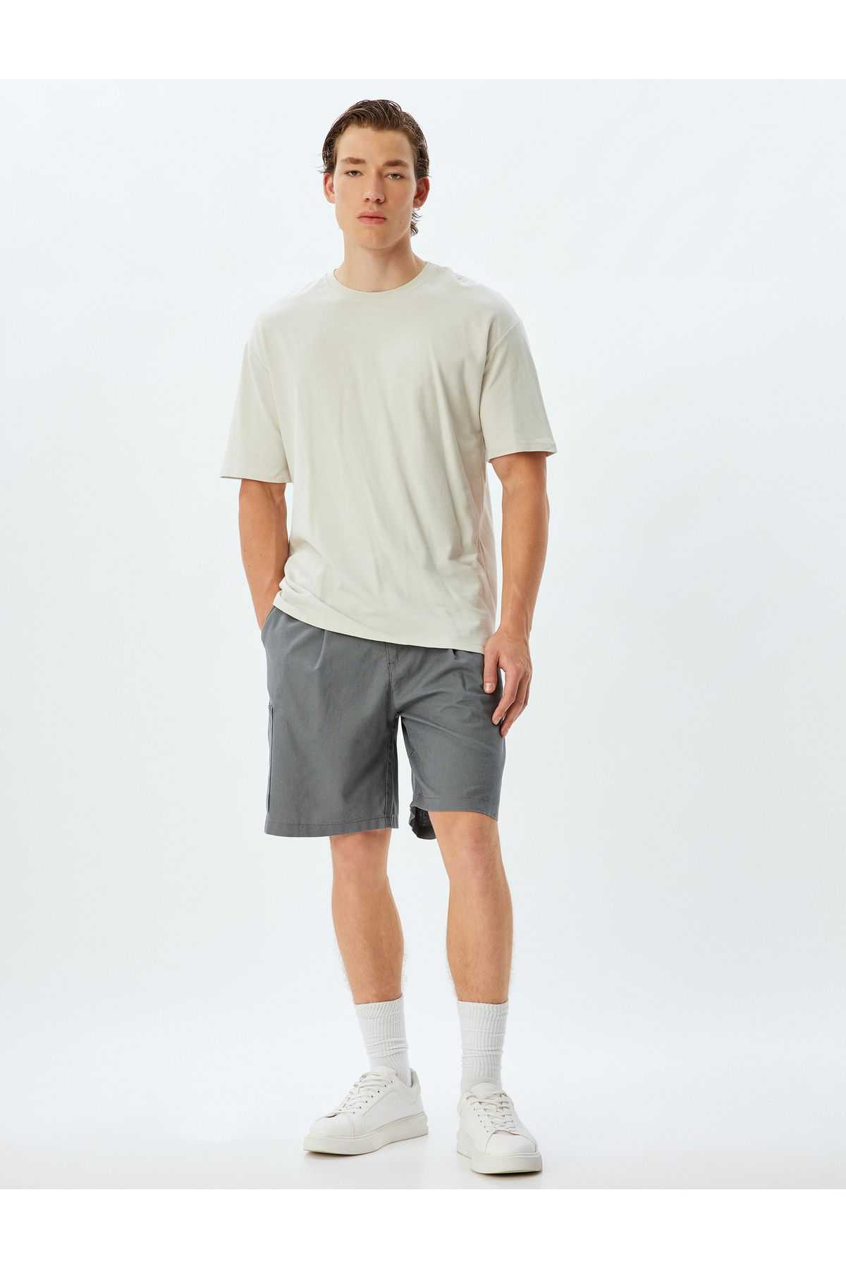 شلوارک ترکیبی کتانی برمودا چینو با جزئیات جیبی