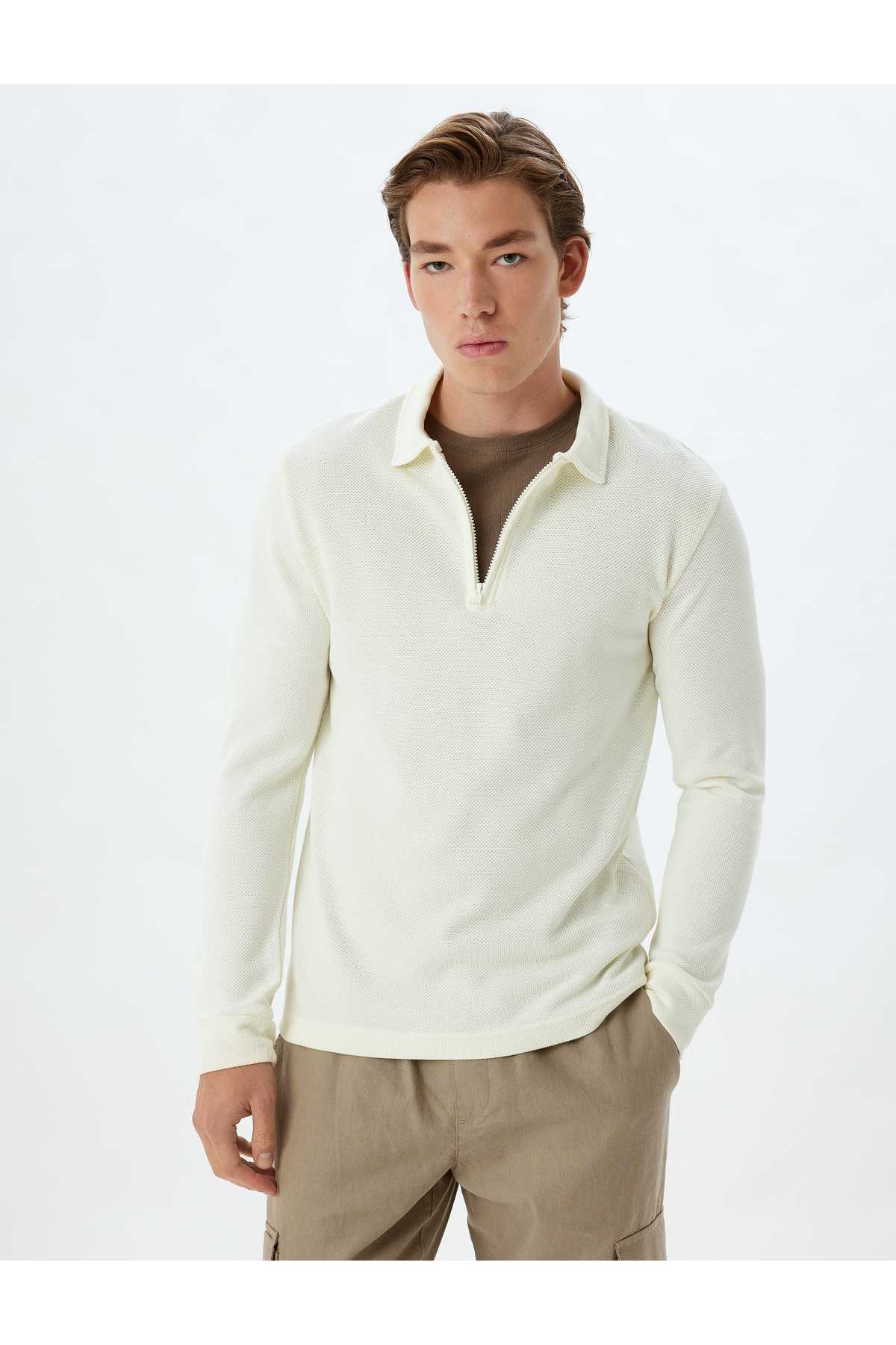 سویشرت یقه پولو با نیم زیپ آستین بلند نخی