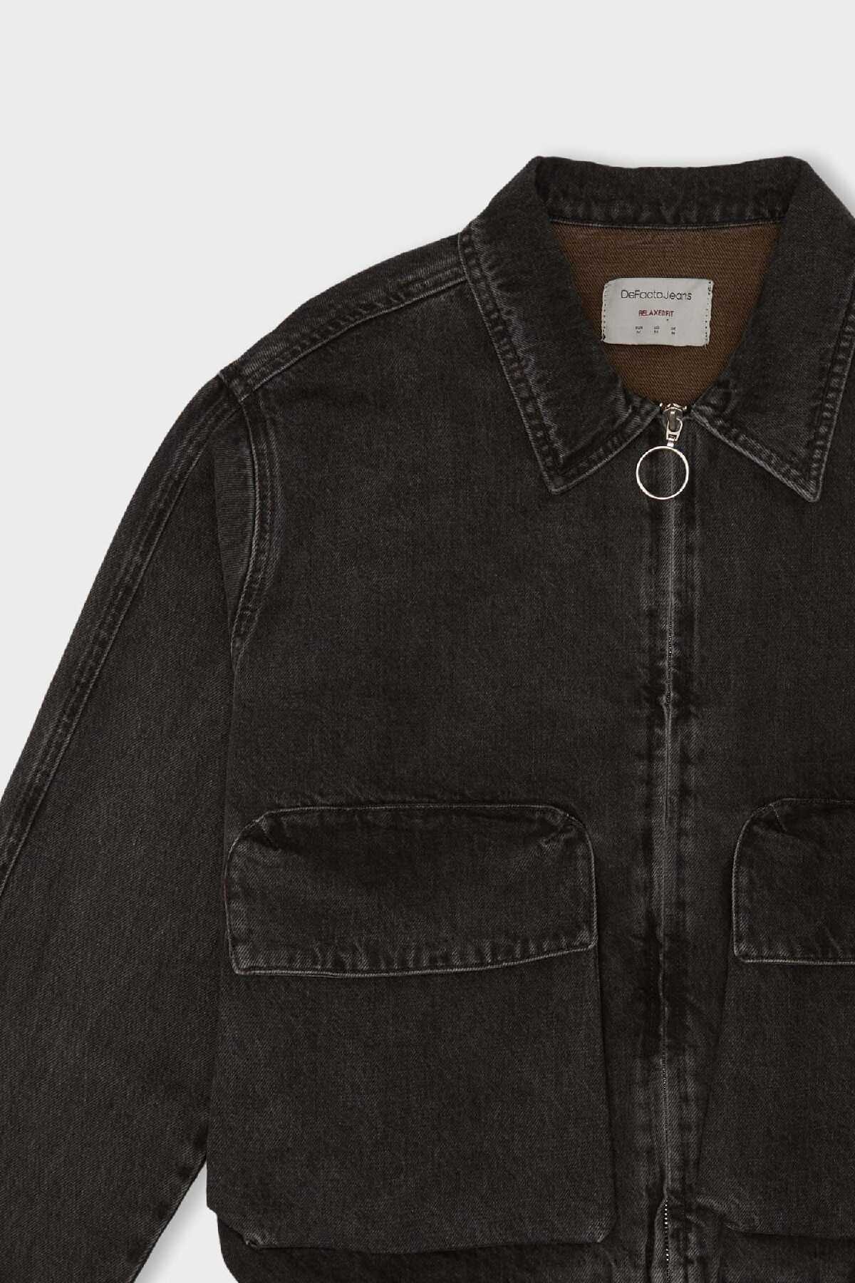 کت جین شسته شده با زیپ یقه پولو ریلکس فیت