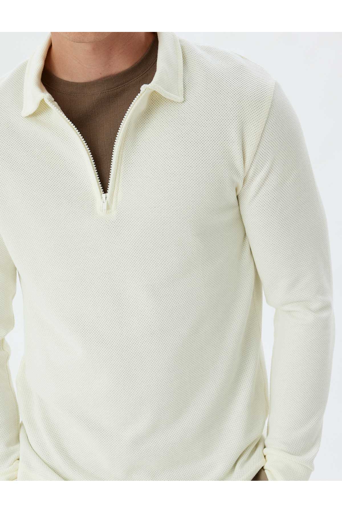 سویشرت یقه پولو با نیم زیپ آستین بلند نخی