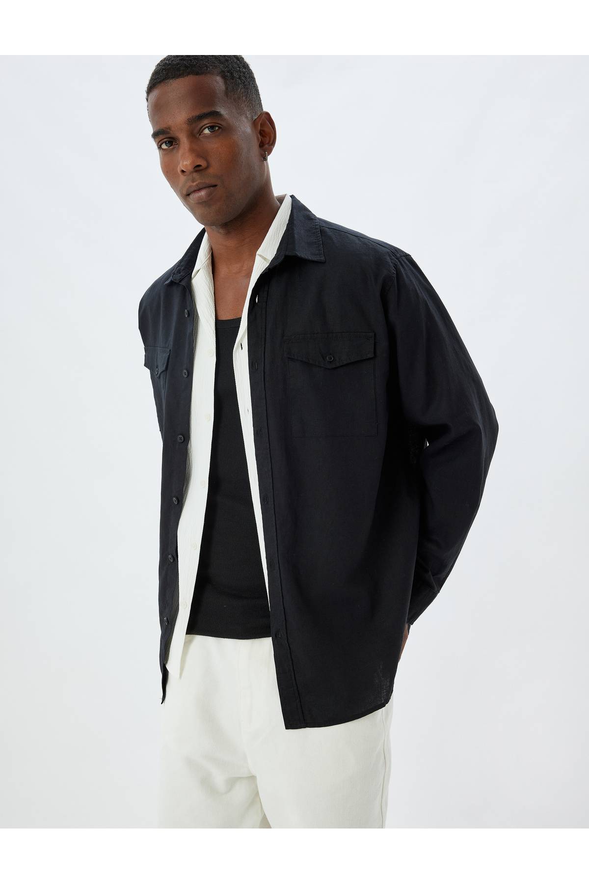 کتانی ترکیبی پیراهن آستین بلند جزئیات جیب فلپ