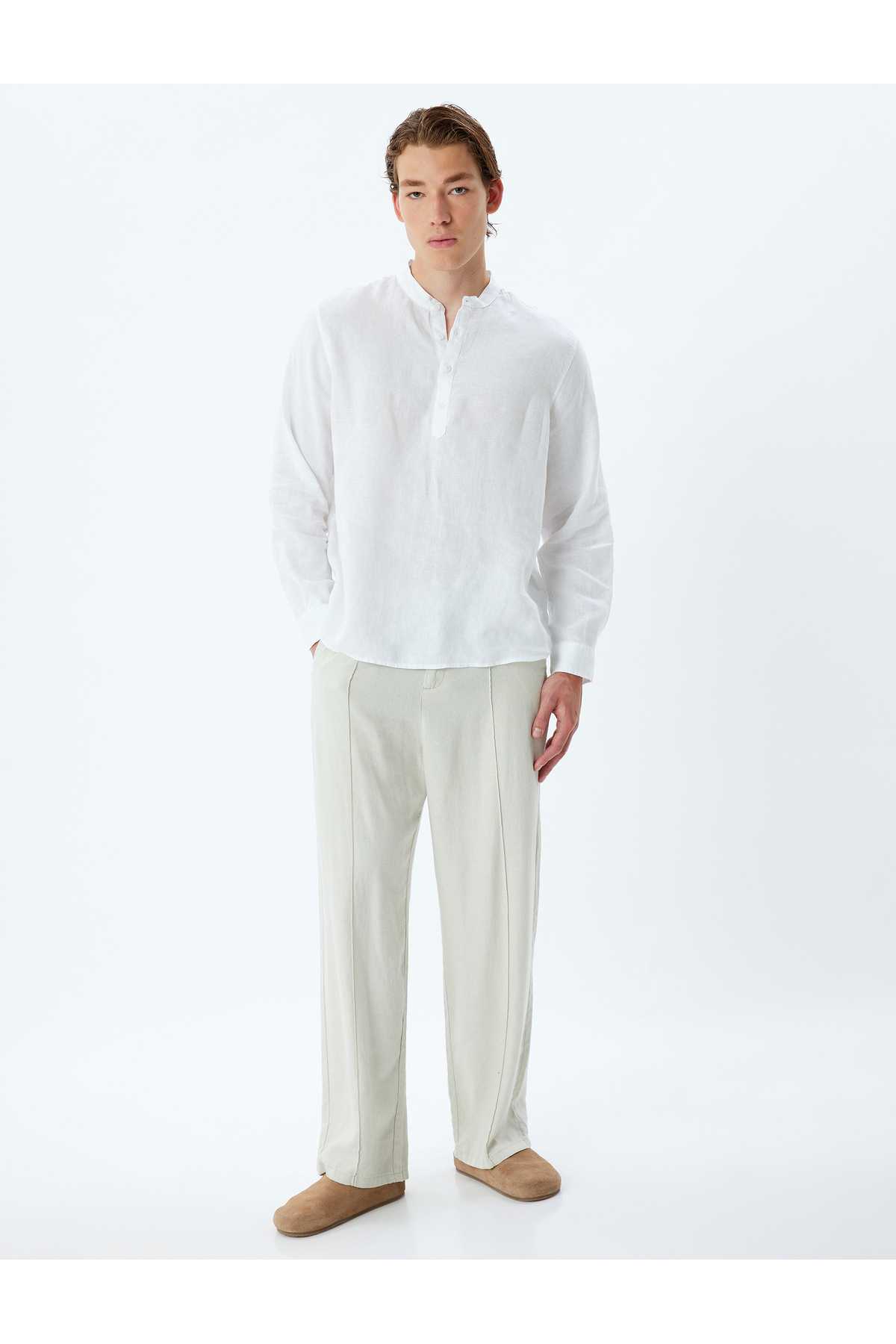 دکمه آستین بلند پیراهن کتان رایگان