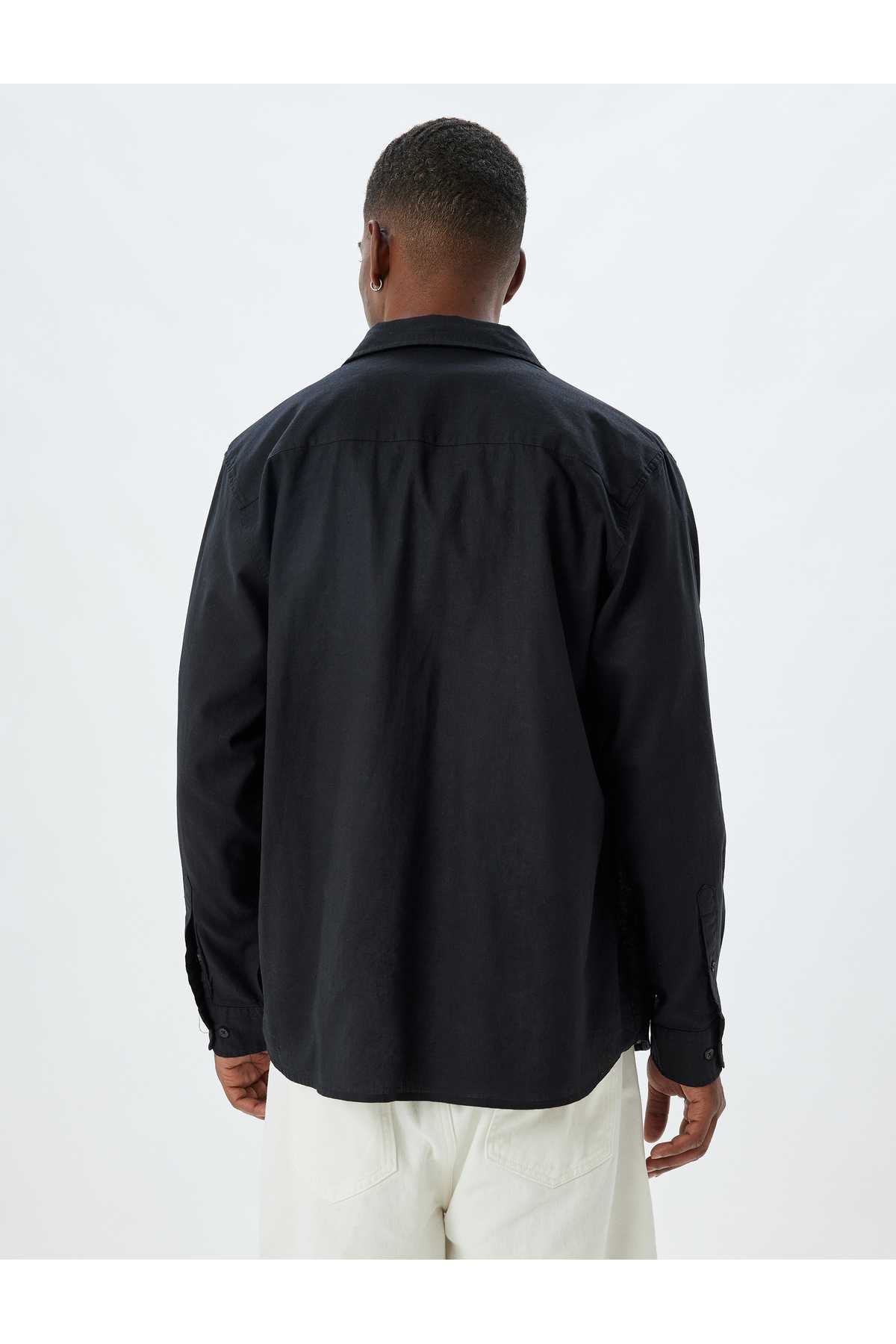 کتانی ترکیبی پیراهن آستین بلند جزئیات جیب فلپ