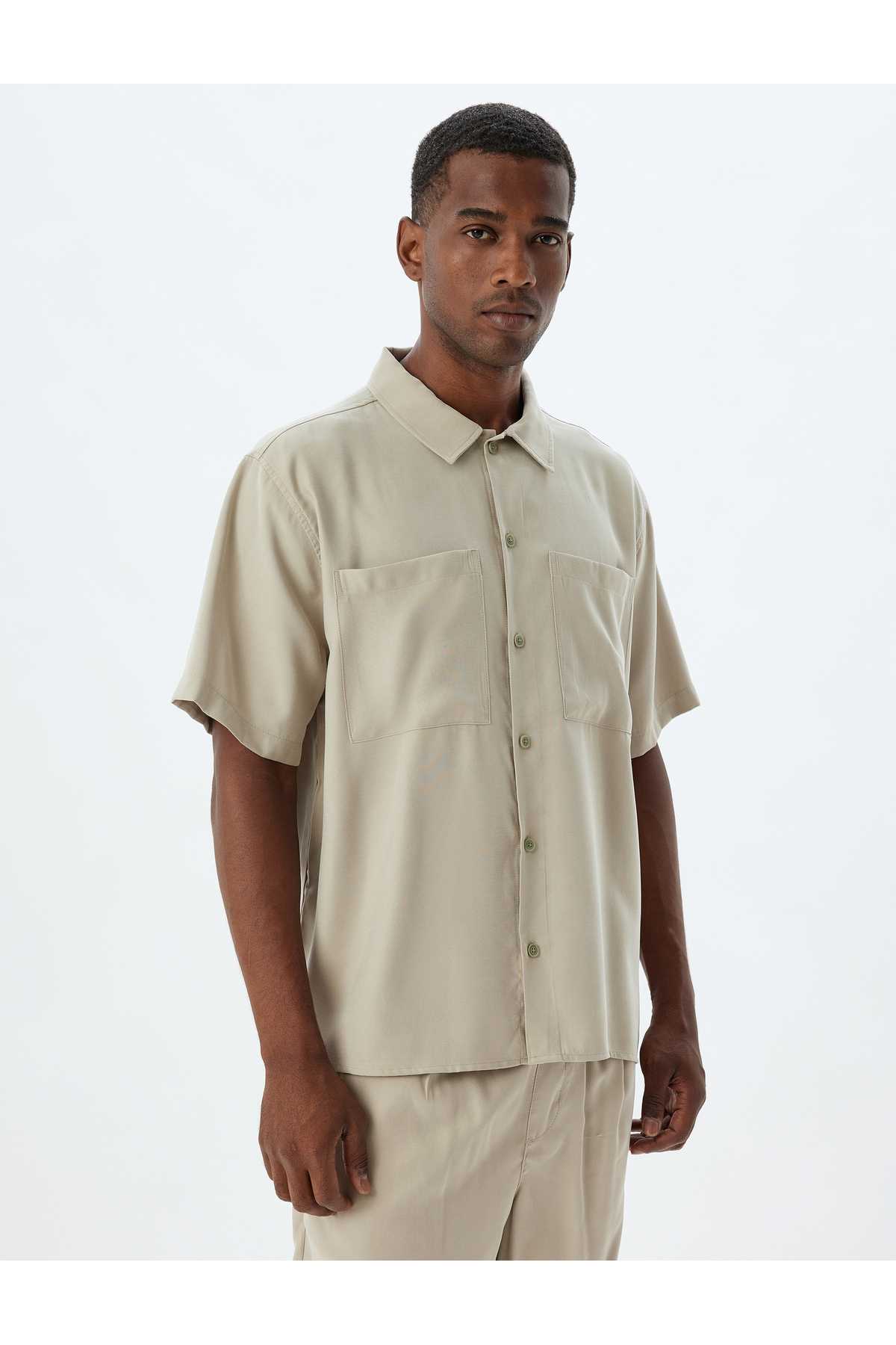 جیب آستین کوتاه پیراهن پایه ویسکوز با جزئیات