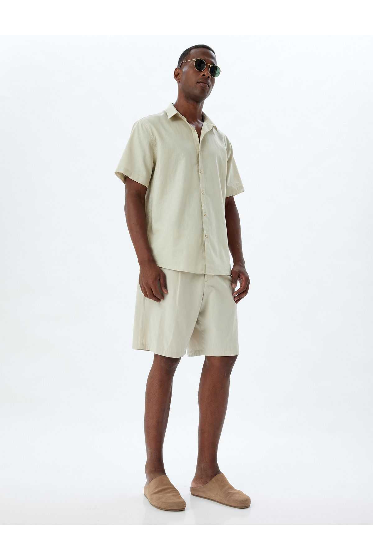 پیراهن ترکیبی کتانی آستین کوتاه پایه