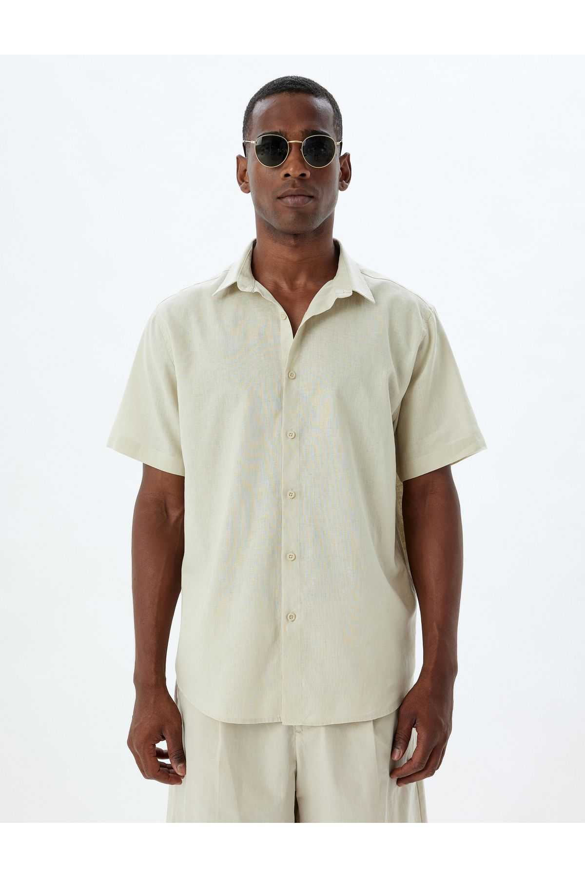 پیراهن ترکیبی کتانی آستین کوتاه پایه