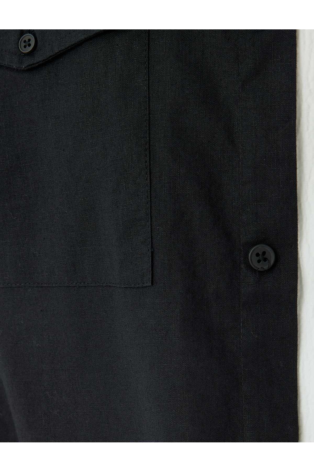 کتانی ترکیبی پیراهن آستین بلند جزئیات جیب فلپ