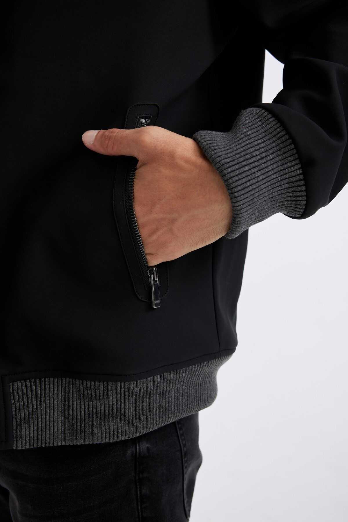 کت کت چرم مصنوعی فصلی با زیپ با خط یقه بلند باریک و دو جیب