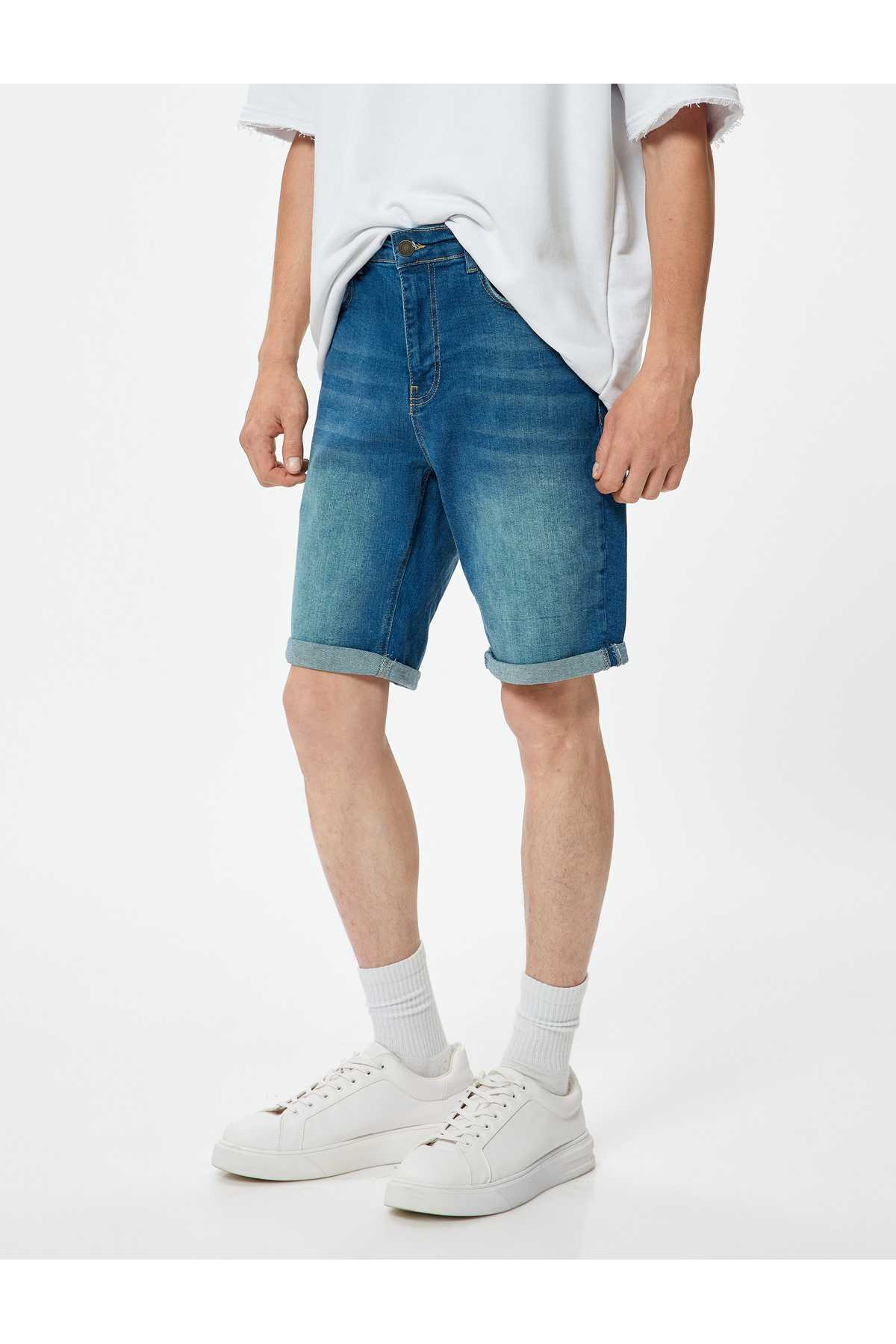 شلوارک جین باریک با جیب تاشو برمودا با جزئیات نخی