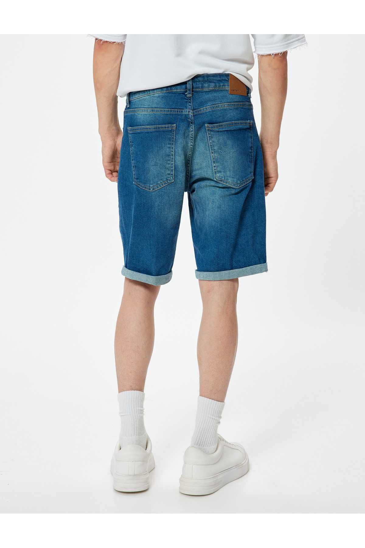 شلوارک جین باریک با جیب تاشو برمودا با جزئیات نخی