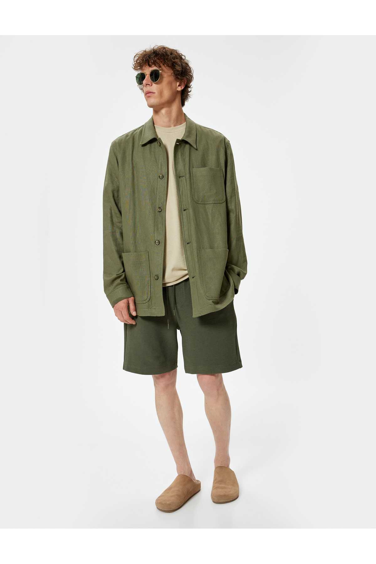 شورت برمودا نخی با دور کمر توری و جزئیات جیب