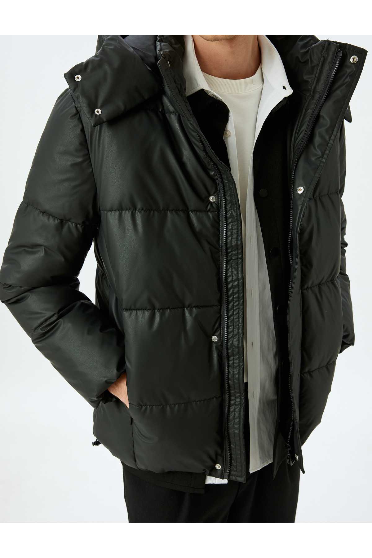 مانتو پف دار چرم مصنوعی کلاهدار باریک