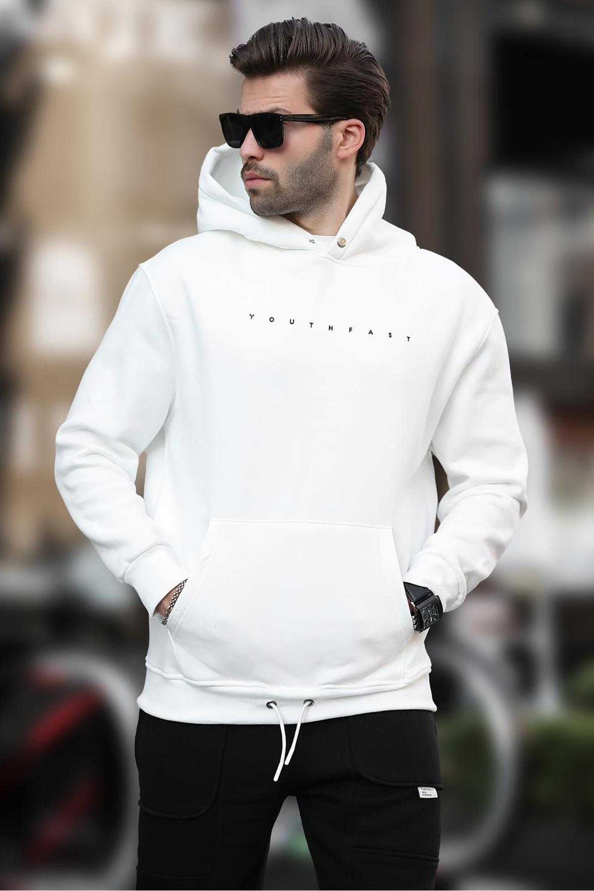 سویشرت مردانه چاپ شده کلاهدار دودی 7077