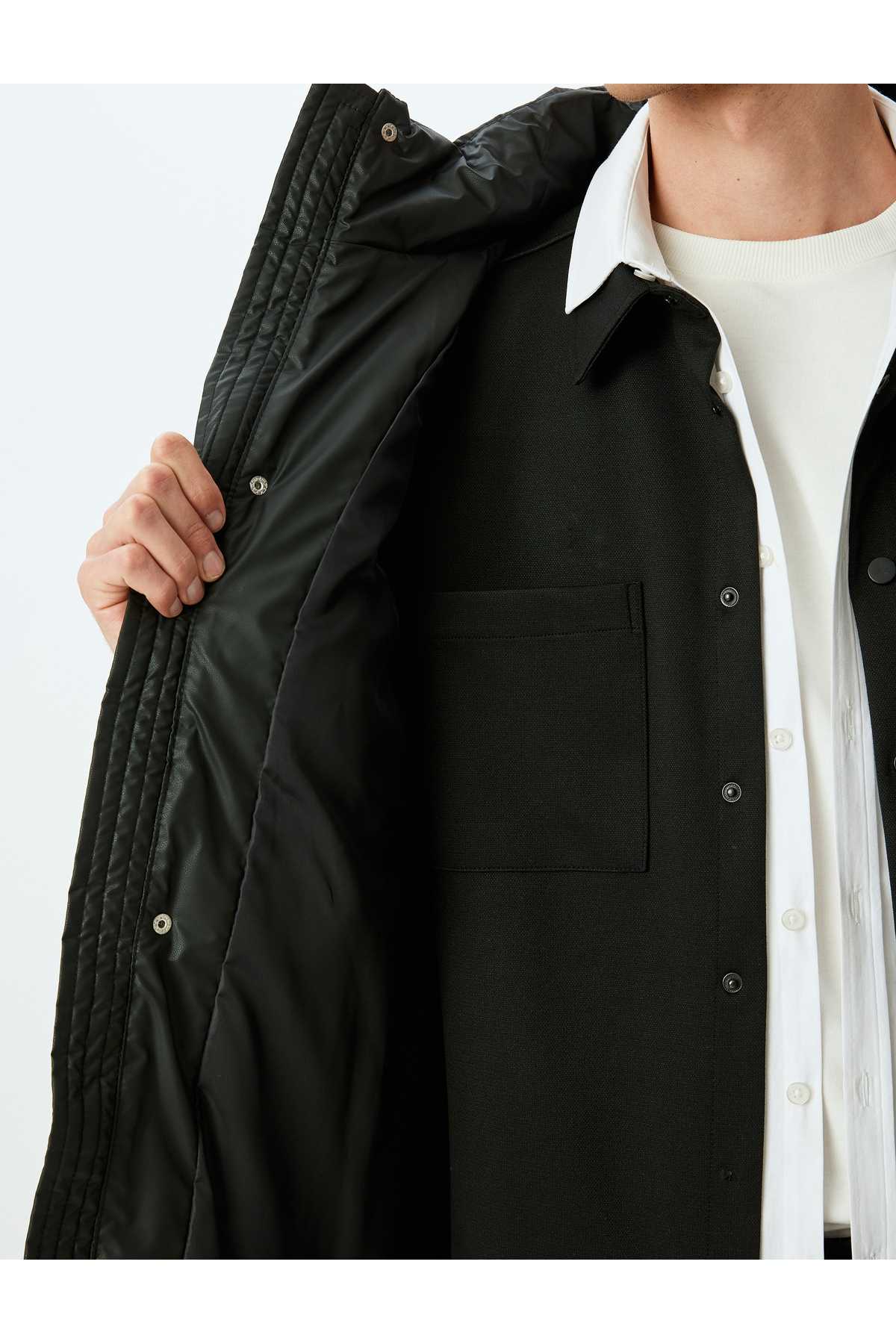 مانتو پف دار چرم مصنوعی کلاهدار باریک