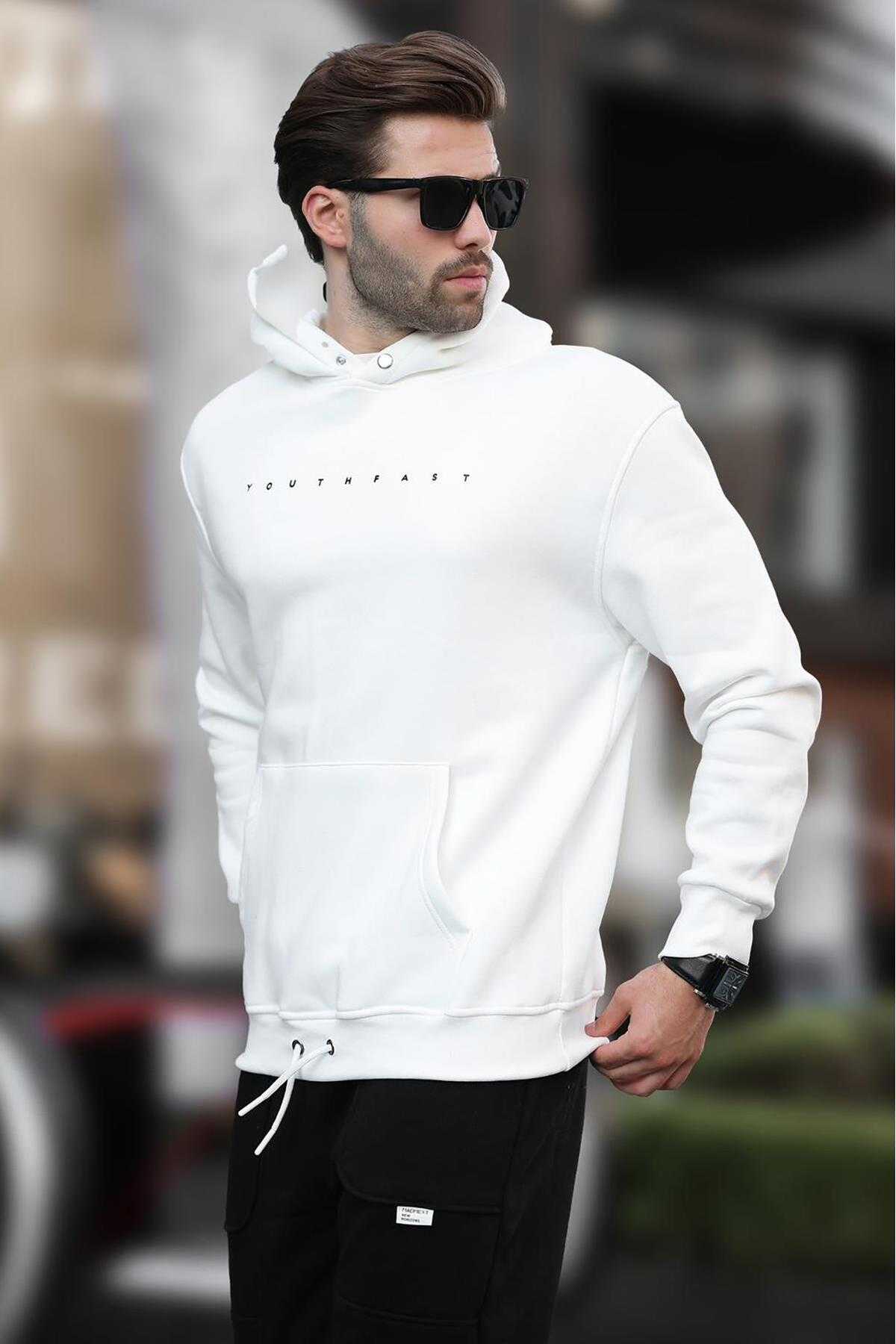 سویشرت مردانه چاپ شده کلاهدار دودی 7077