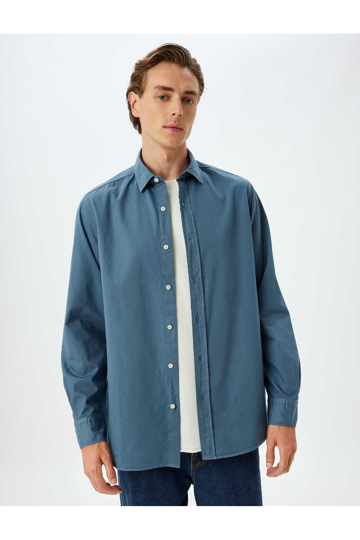 پیراهن پایه آستین بلند یقه ایتالیایی نیمه دکمه دار نخی