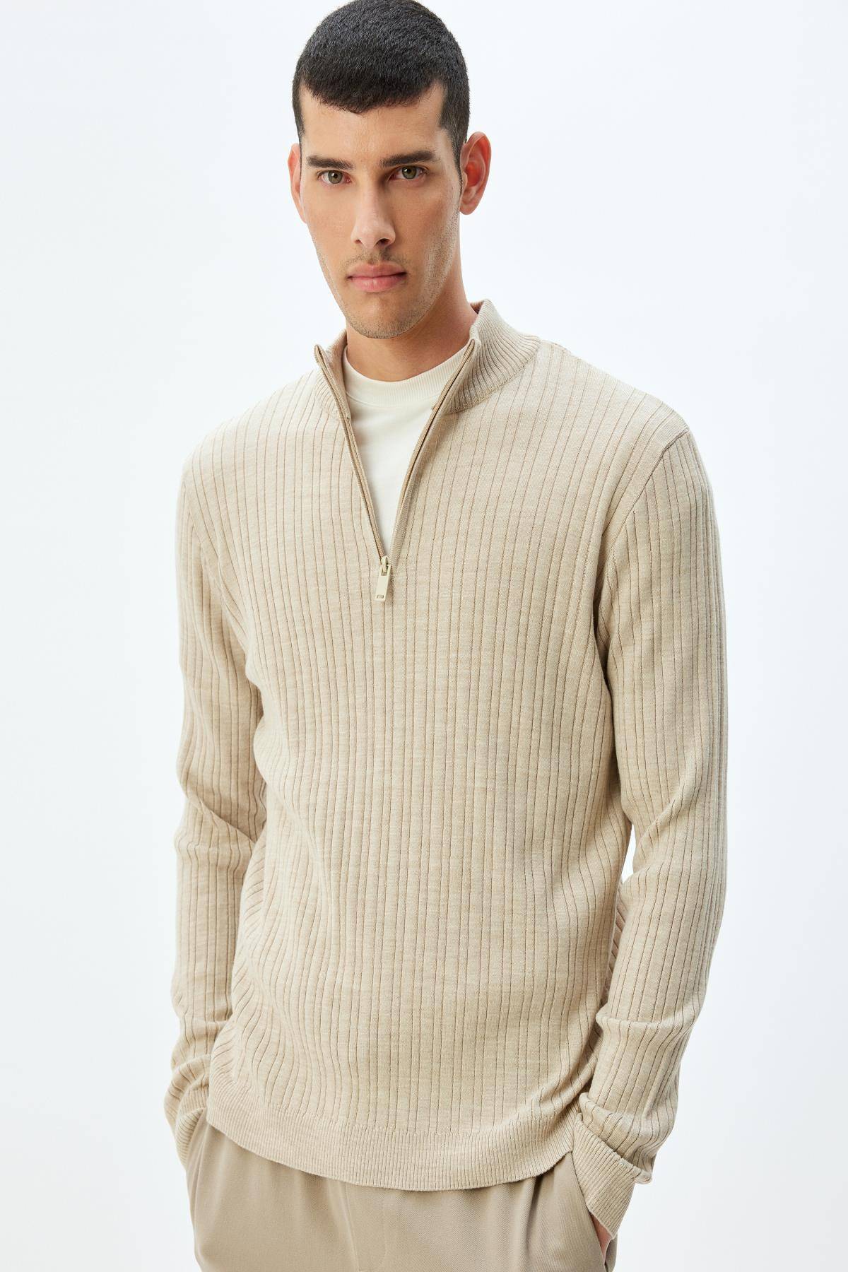 ژاکت بافتنی با زیپ یقه بلند ترکیب پشمی با جزئیات