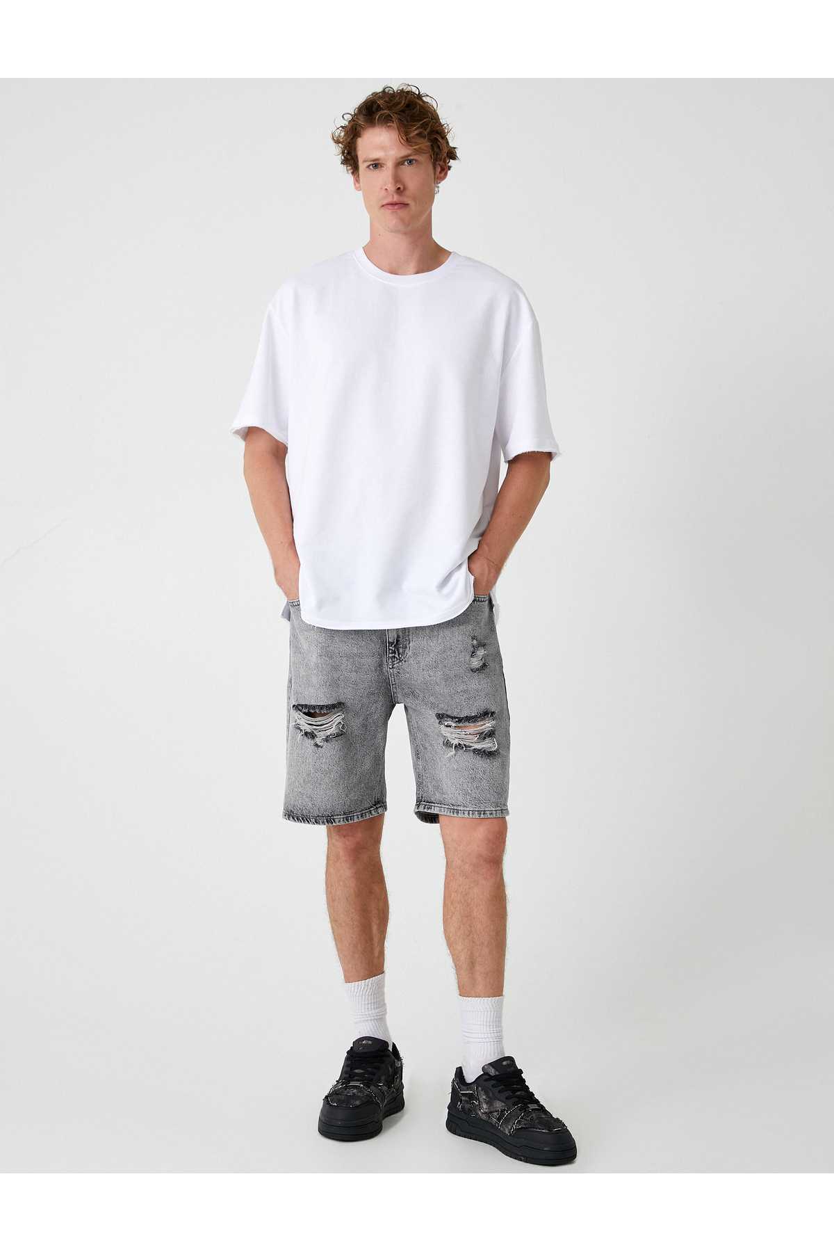 شلوارک جین سایز بزرگ برمودا با جزییات جیبی فرسوده