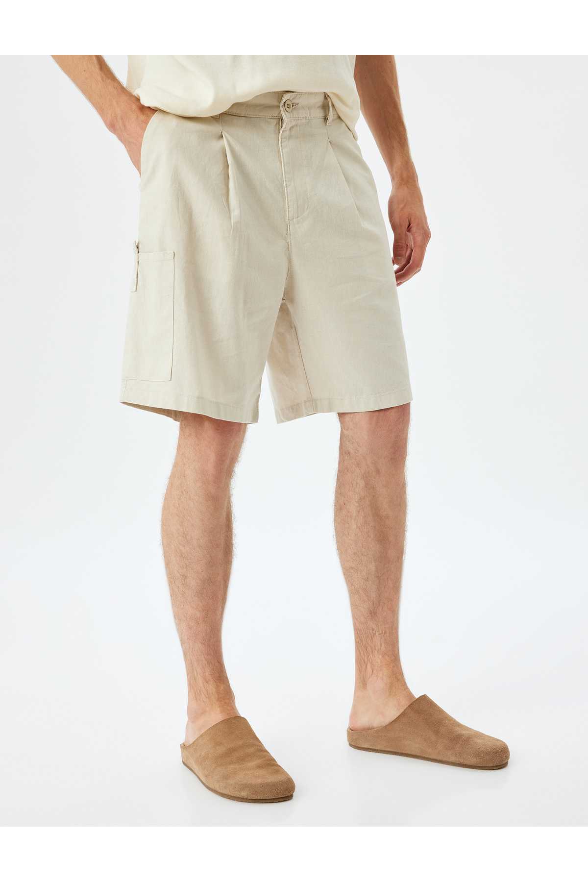 شلوارک ترکیبی کتانی برمودا چینو با جزئیات جیبی