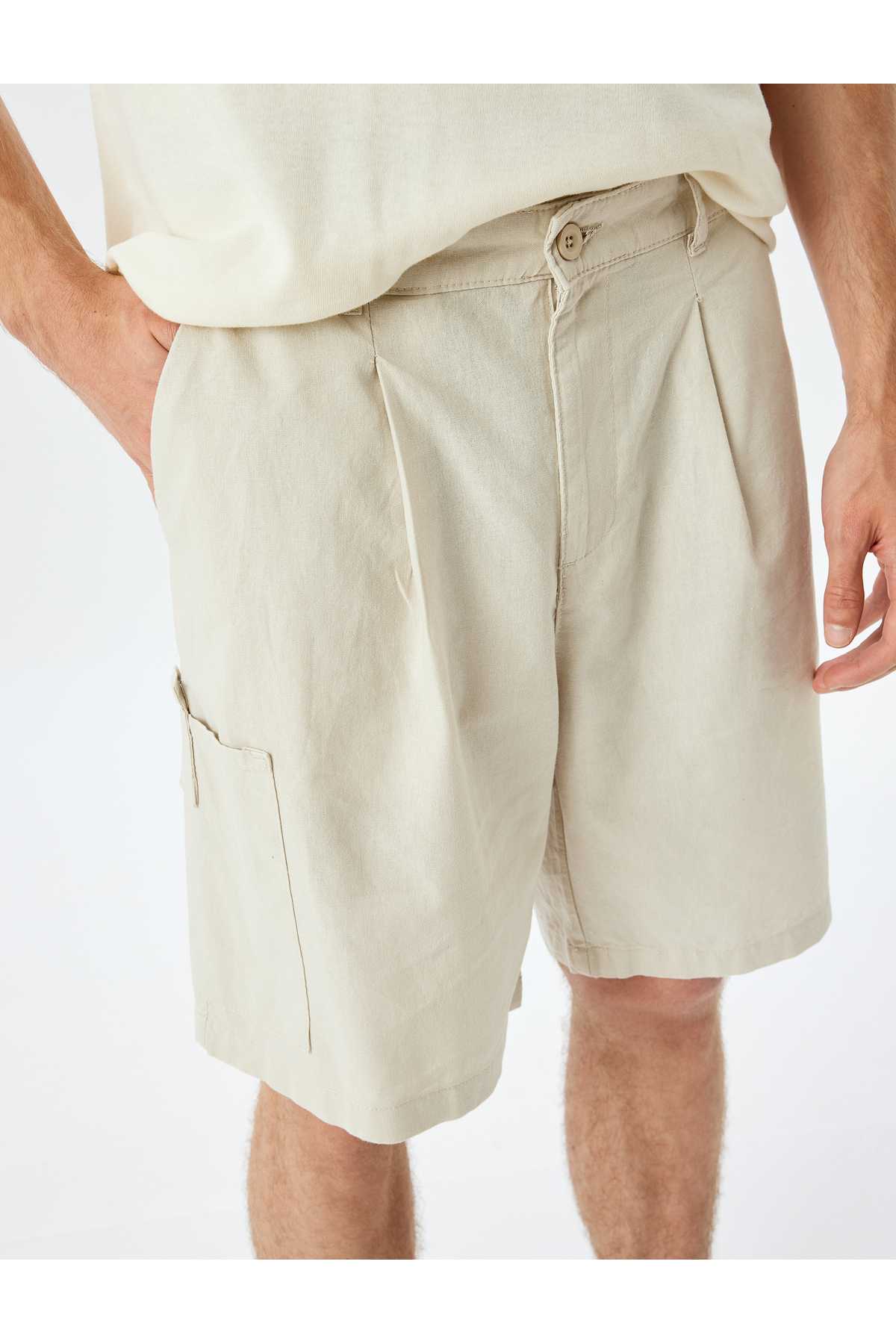 شلوارک ترکیبی کتانی برمودا چینو با جزئیات جیبی