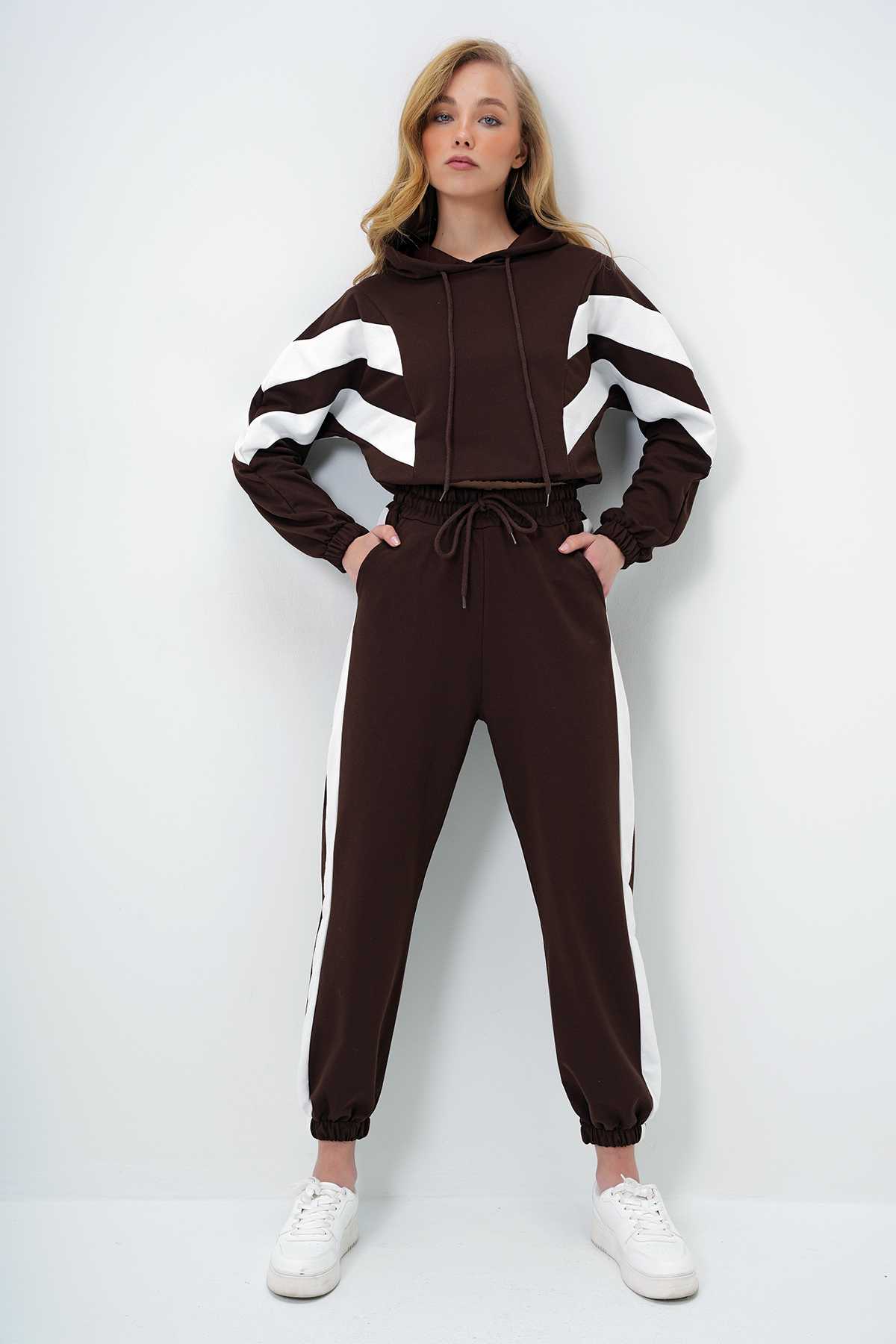 ست گرمکن سرپوش دار بیسکویتی زنانه و ست لباس ورزشی سرآستین الاستیک