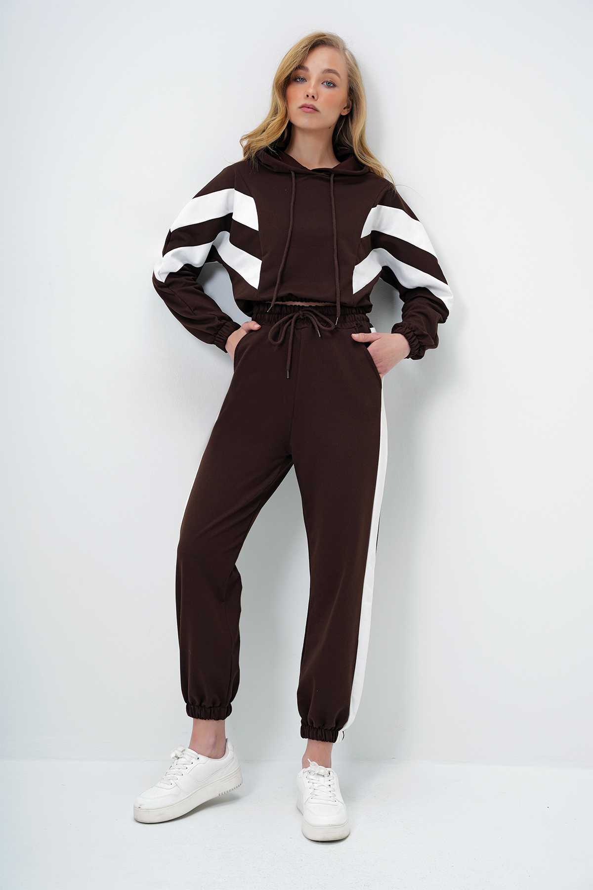 ست گرمکن سرپوش دار بیسکویتی زنانه و ست لباس ورزشی سرآستین الاستیک