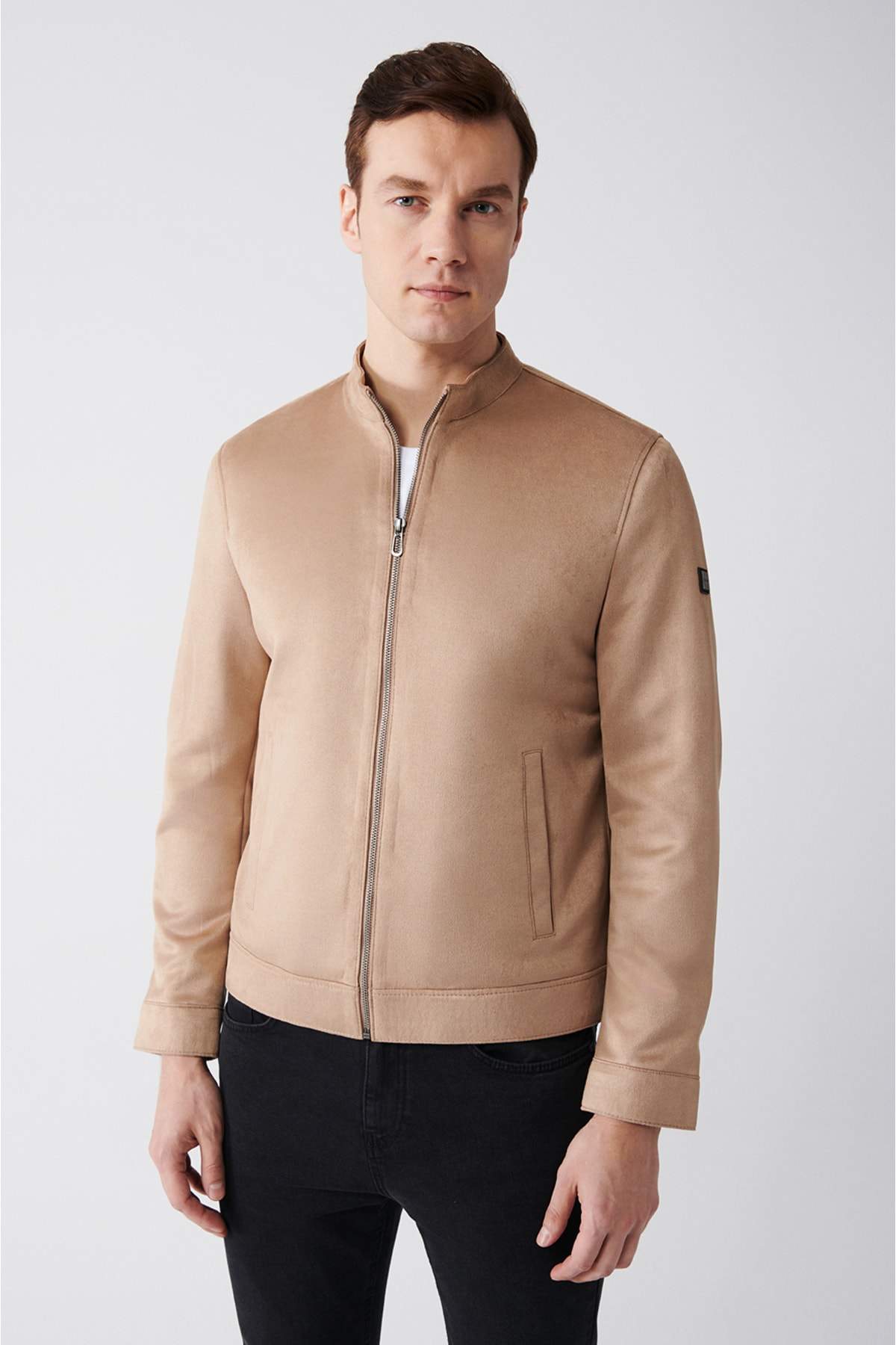 black-suede-textured-zipper-front-standard-fit-coat